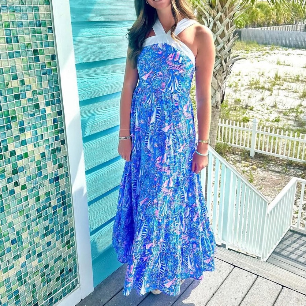 Lilly Pulitzer Jenette Halter Maxi Dress Boca Blue Its Sailabration Print NWT - Picture 9 of 16
